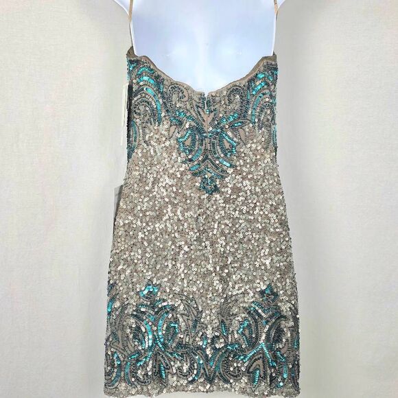 Scala Sequin Beaded Mini Dress 48528 Size 8 NWT Silver Teal - Picture 6 of 7